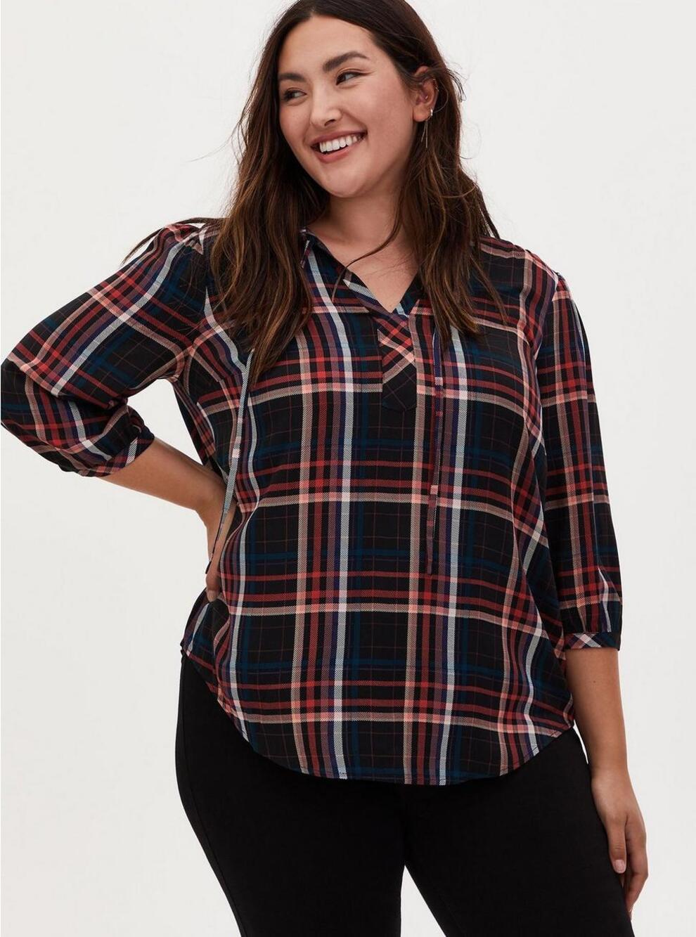 Torrid Plaid Rayon Twill Tie Neck Plaid Peasant Top Womens Size 1X Multicolor